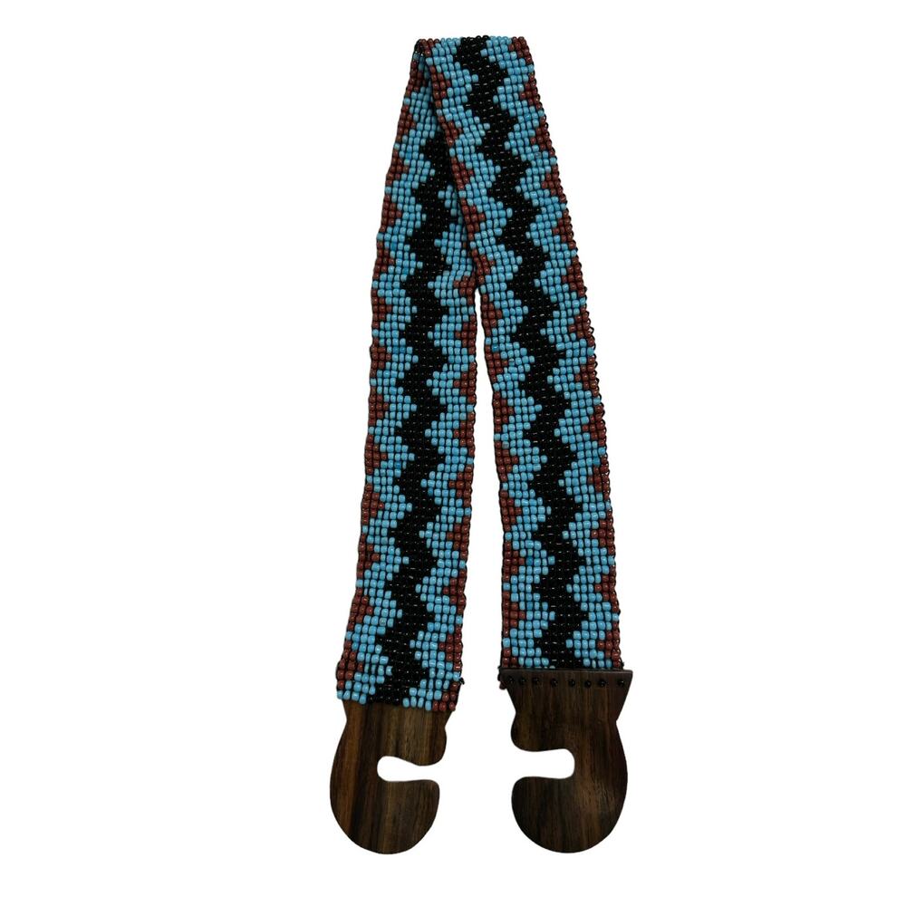 Western Seed Bead Stretch Wood Closure Belt Southwest Festival Blue Black Brown